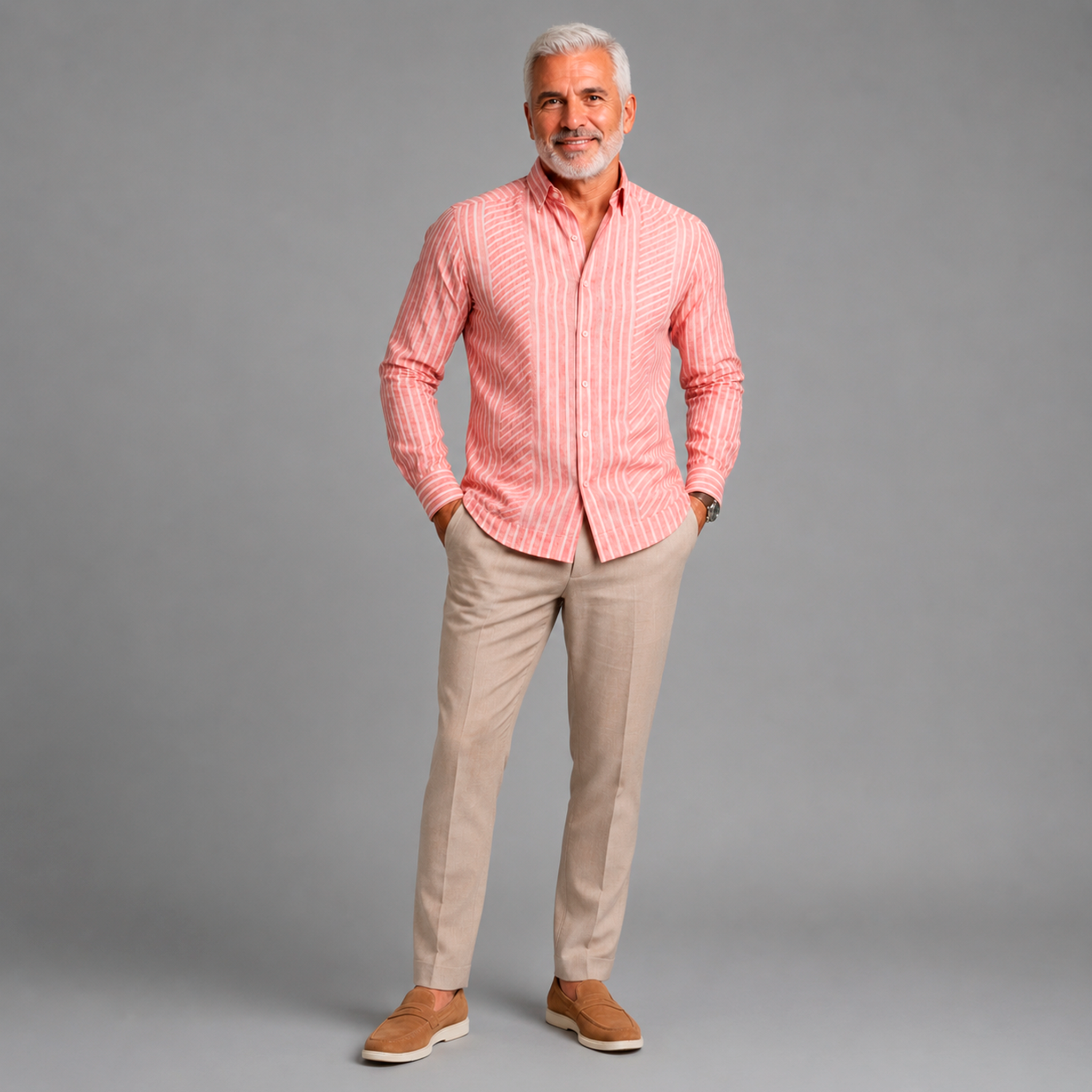 Coral Stripe Luxury Chacabana – Modern Caribbean Linen Shirt