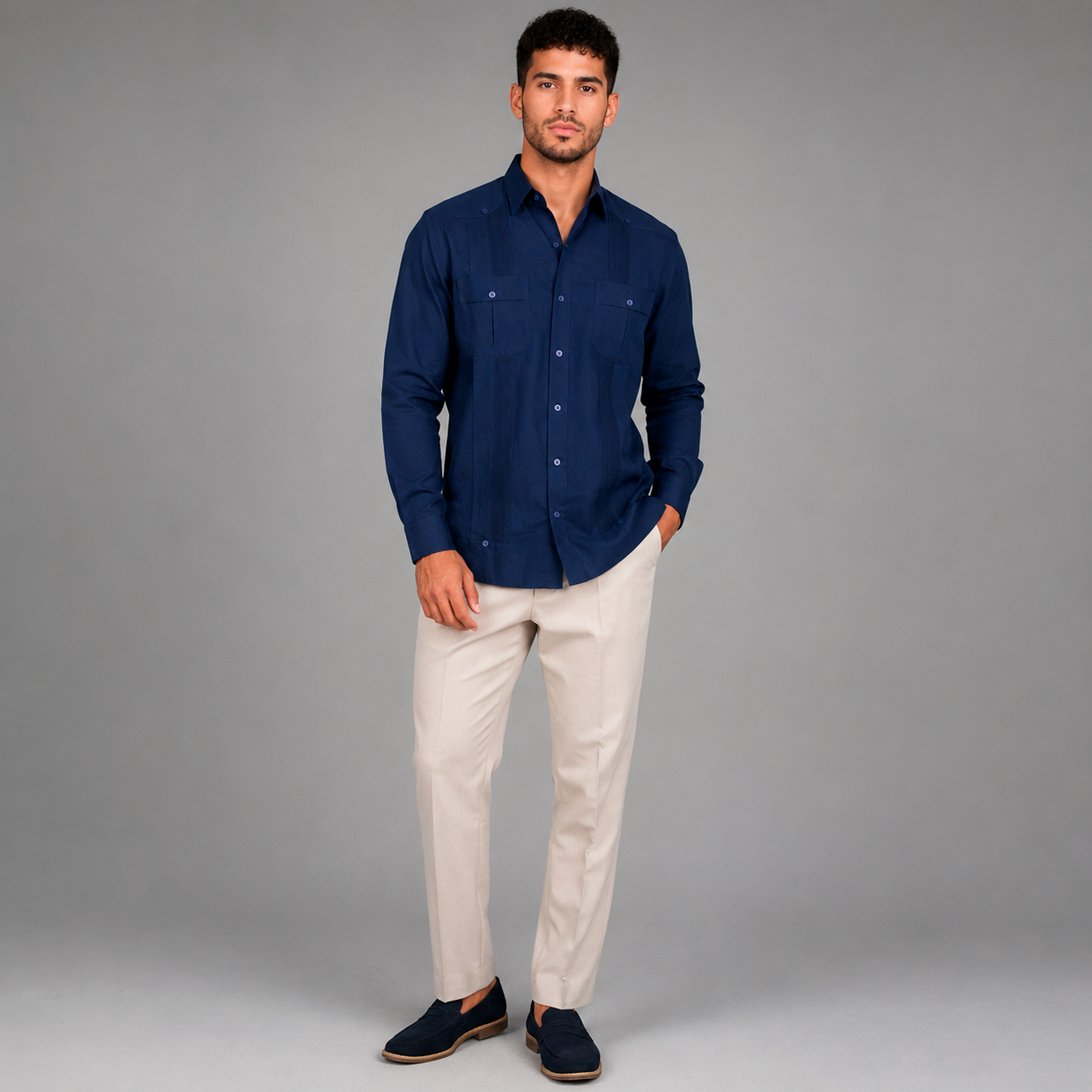 Midnight Blue Linen Chacabana – Modern Caribbean Luxury Shirt