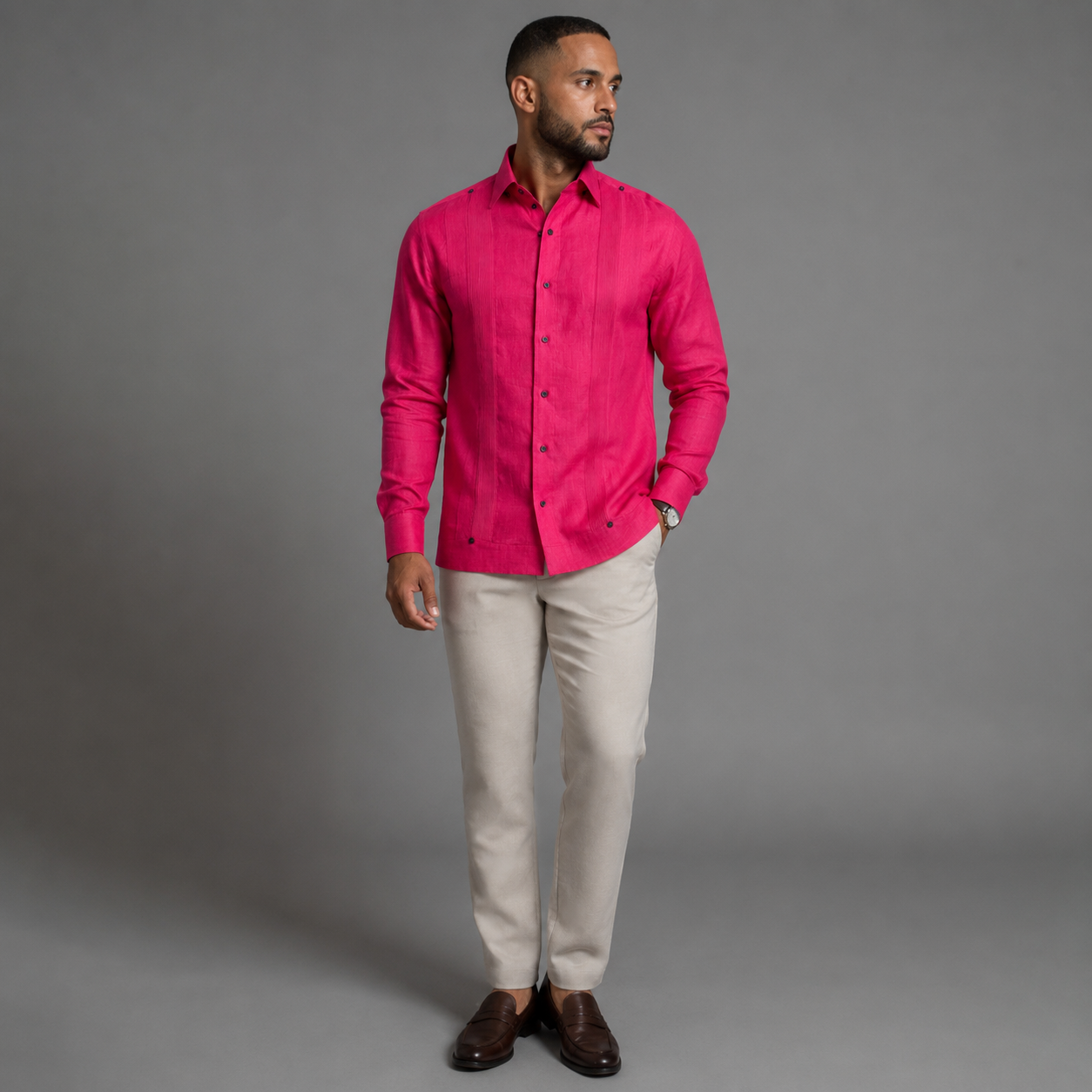 Dominican Linen Guayabera in Fuchsia Pink